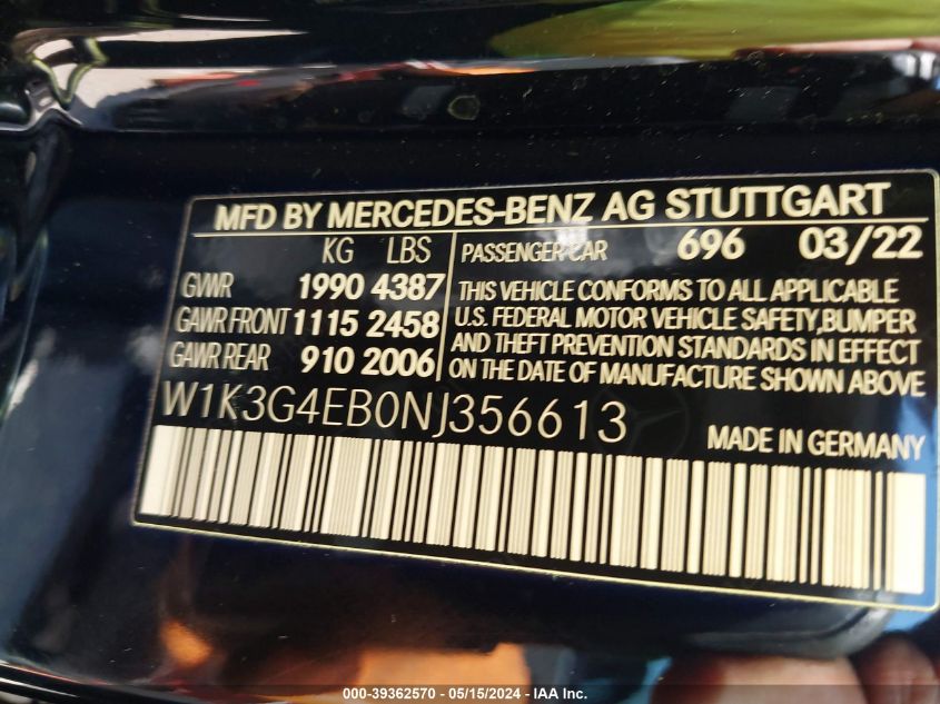 2022 Mercedes-Benz A 220 VIN: W1K3G4EB0NJ356613 Lot: 39362570