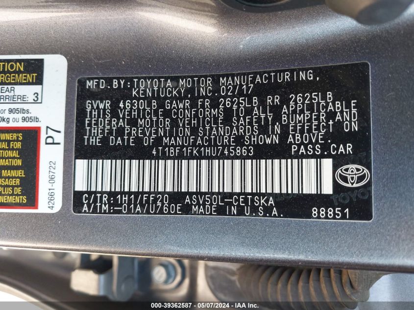 2017 Toyota Camry Se VIN: 4T1BF1FK1HU745863 Lot: 39362587