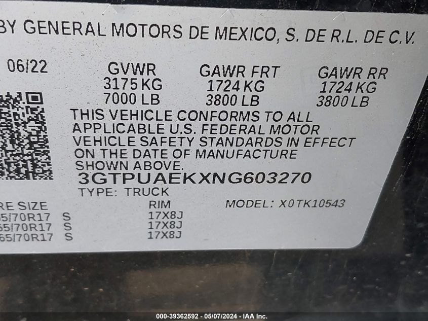 2022 GMC Sierra 1500 4Wd Short Box Pro VIN: 3GTPUAEKXNG603270 Lot: 39362592