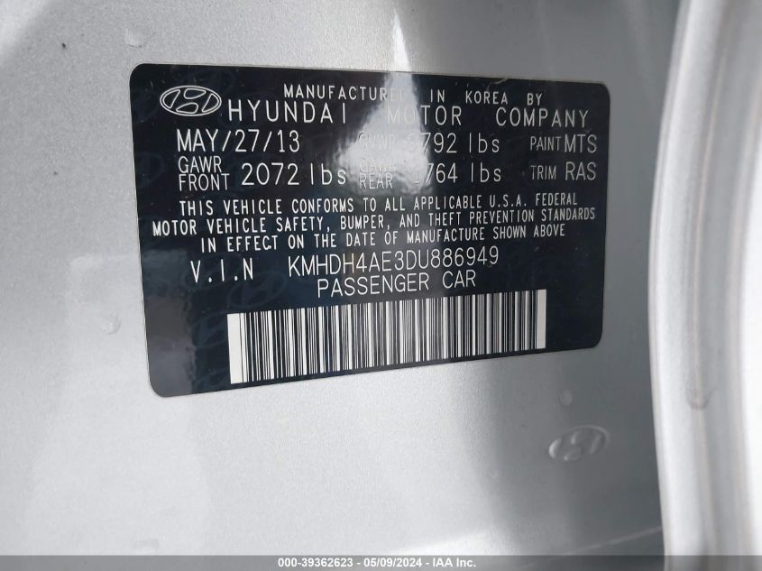 2013 Hyundai Elantra Limited VIN: KMHDH4AE3DU886949 Lot: 39362623