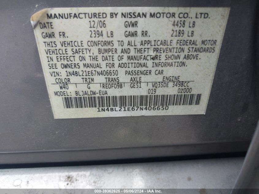 1N4BL21E67N406650 | 2007 NISSAN ALTIMA