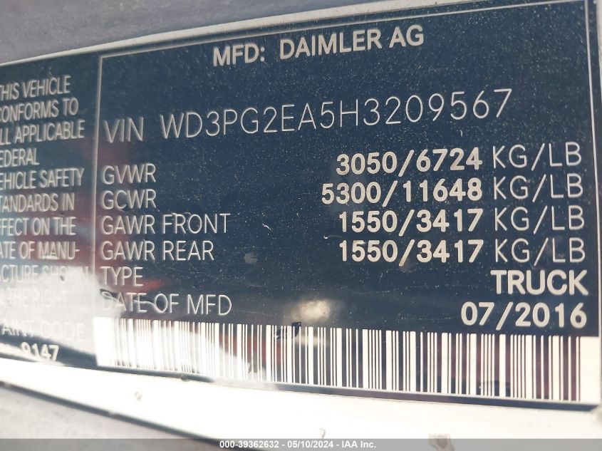 2017 MERCEDES-BENZ METRIS - WD3PG2EA5H3209567