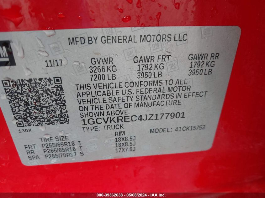 2018 Chevrolet Silverado 1500 2Lt VIN: 1GCVKREC4JZ177901 Lot: 39362638