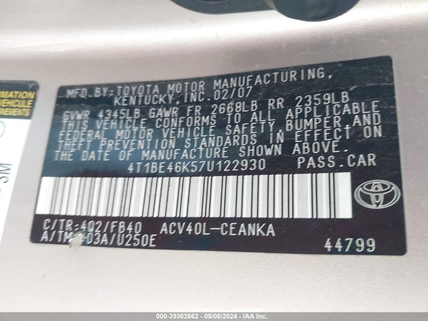 2007 Toyota Camry Le VIN: 4T1BE46K57U122930 Lot: 39362662