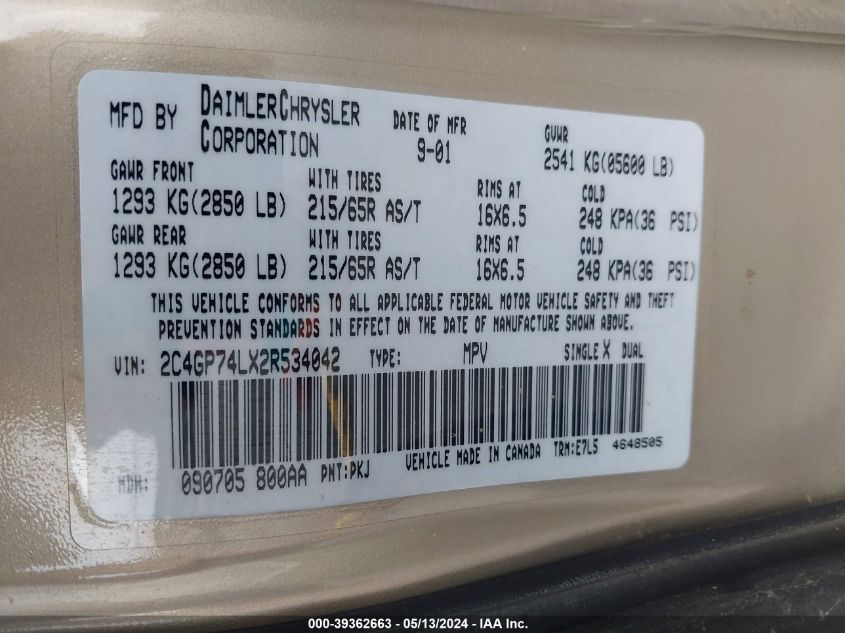 2002 Chrysler Town & Country Ex VIN: 2C4GP74LX2R534042 Lot: 39362663