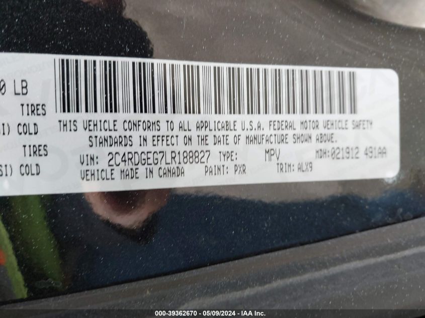 2020 Dodge Grand Caravan Gt VIN: 2C4RDGEG7LR188827 Lot: 39362670