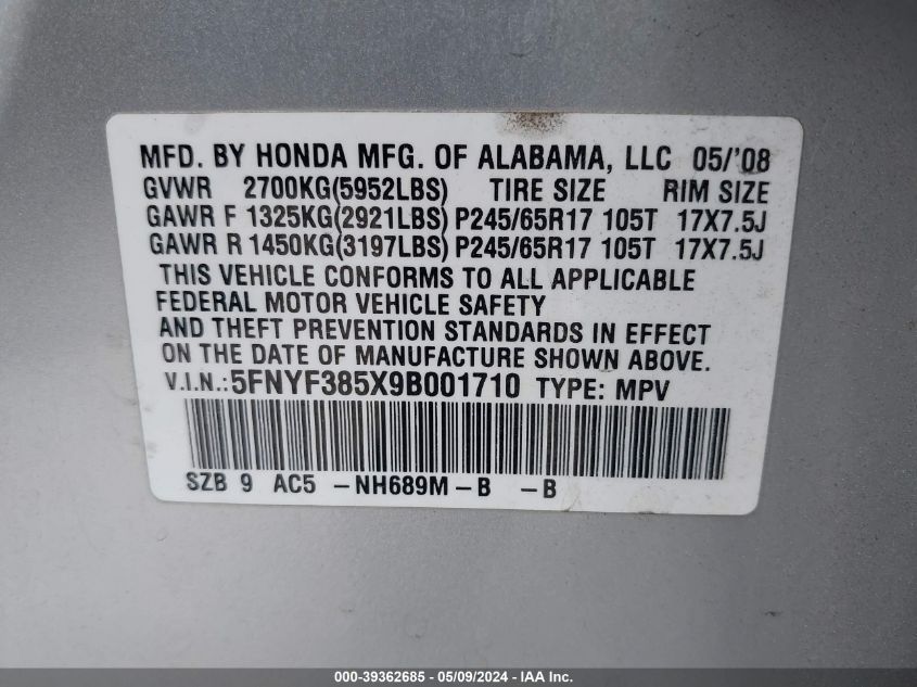 2009 Honda Pilot Ex-L VIN: 5FNYF385X9B001710 Lot: 39362685