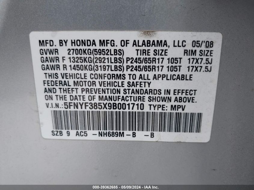 2009 Honda Pilot Ex-L VIN: 5FNYF385X9B001710 Lot: 39362685