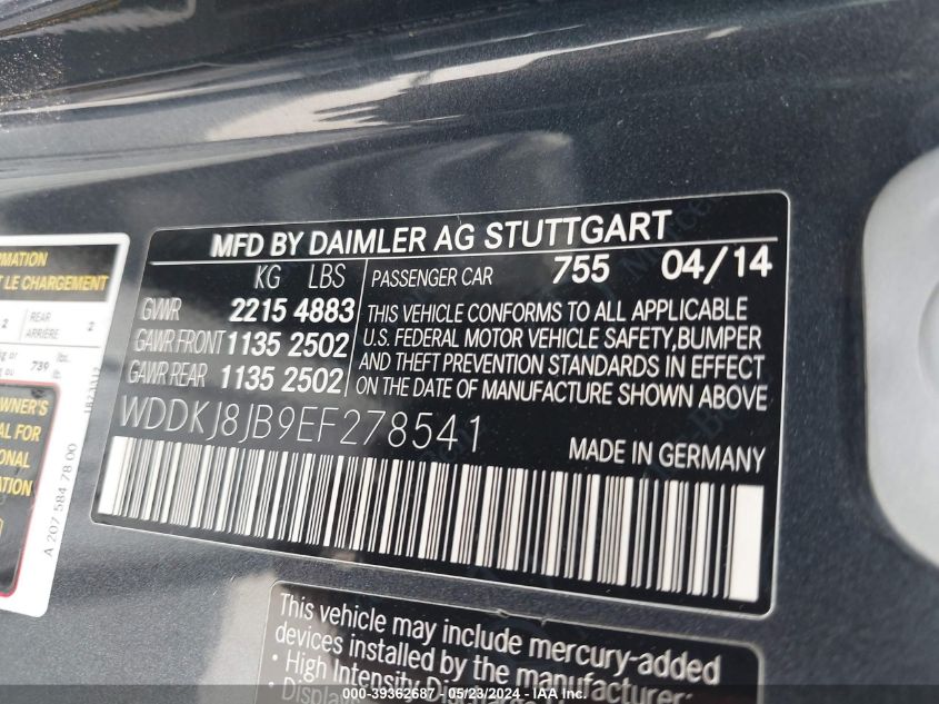 2014 Mercedes-Benz E 350 4Matic VIN: WDDKJ8JB9EF278541 Lot: 39362687