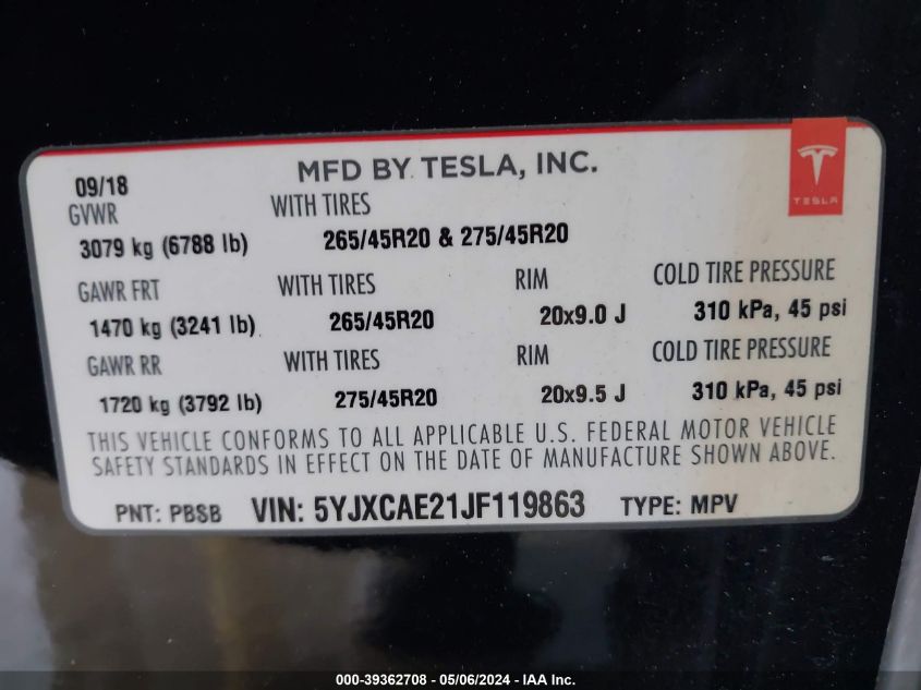 2018 Tesla Model X 100D/75D/P100D VIN: 5YJXCAE21JF119863 Lot: 39362708