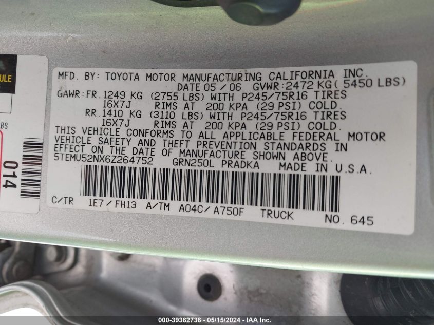 2006 Toyota Tacoma Base V6 VIN: 5TEMU52NX6Z264752 Lot: 39362736