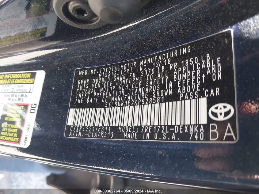 2019 TOYOTA COROLLA LE - 5YFBURHE2KP928581