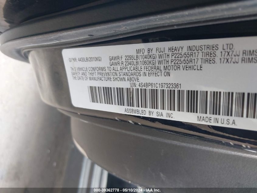 2009 Subaru Outback 2.5I VIN: 4S4BP61C197323361 Lot: 39362778