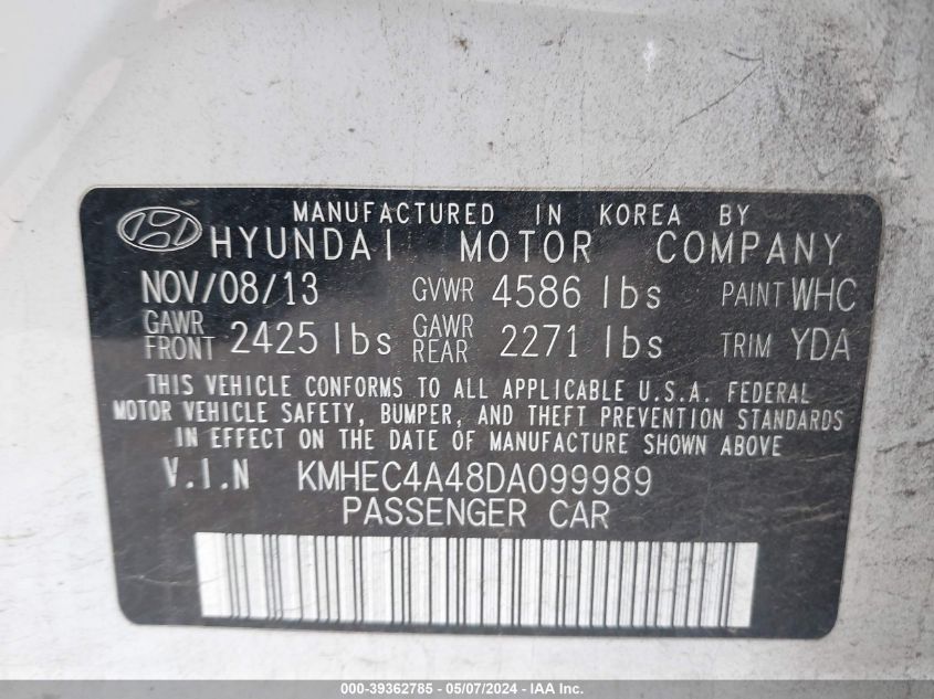 2013 Hyundai Sonata Hybrid Limited VIN: KMHEC4A48DA099989 Lot: 39362785