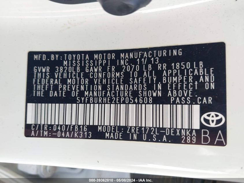 2014 TOYOTA COROLLA LE PLUS - 5YFBURHE2EP054608