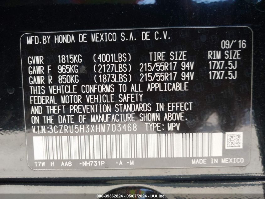 VIN 3CZRU5H3XHM703468 2017 HONDA HR-V LX