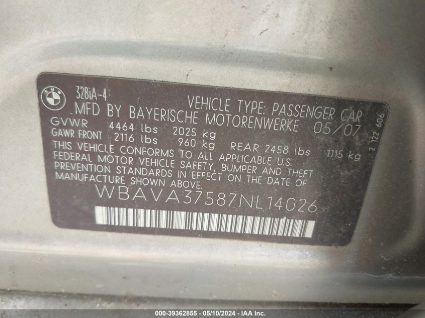 2007 BMW 328I VIN: WBAVA37587NL14026 Lot: 39362855