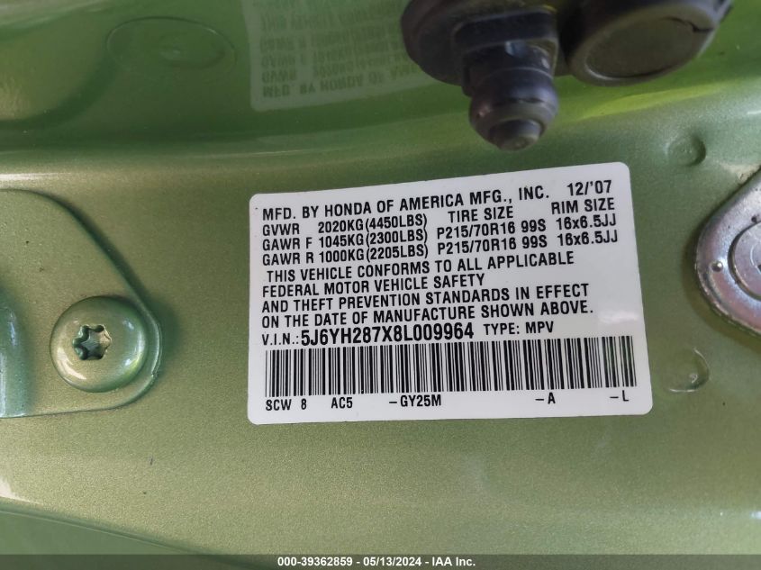 2008 Honda Element Ex VIN: 5J6YH287X8L009964 Lot: 39362859