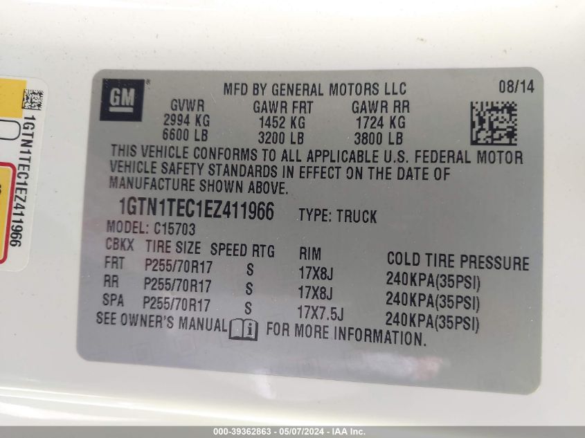 2014 GMC Sierra 1500 VIN: 1GTN1TEC1EZ411966 Lot: 39362863