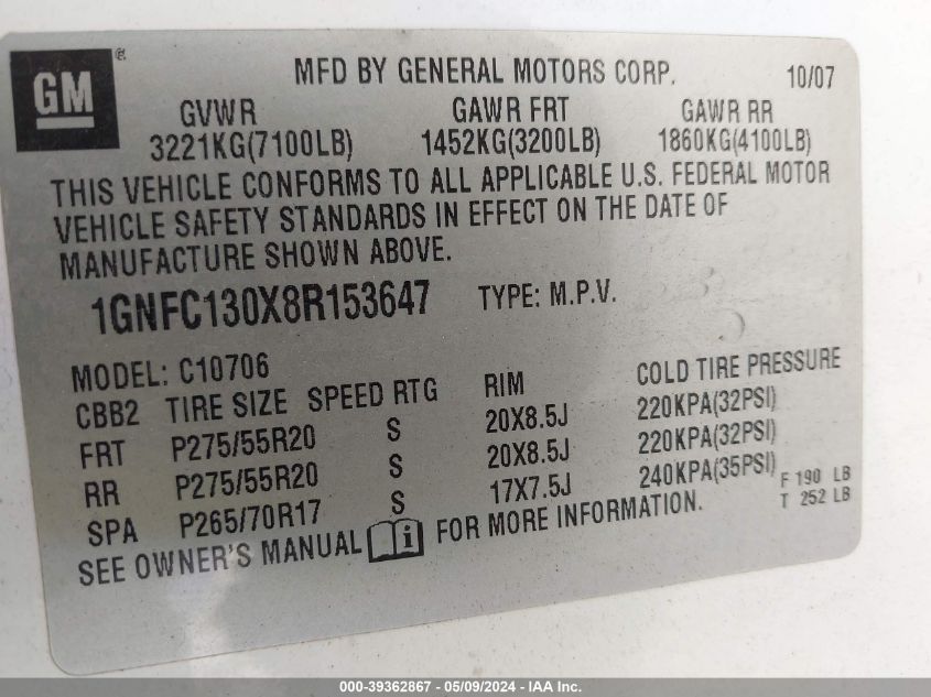 2008 Chevrolet Tahoe Ltz VIN: 1GNFC130X8R153647 Lot: 39362867