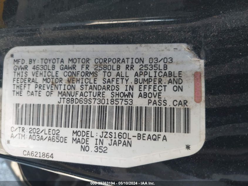 2003 Lexus Gs 300 VIN: JT8BD69S730185753 Lot: 39363194