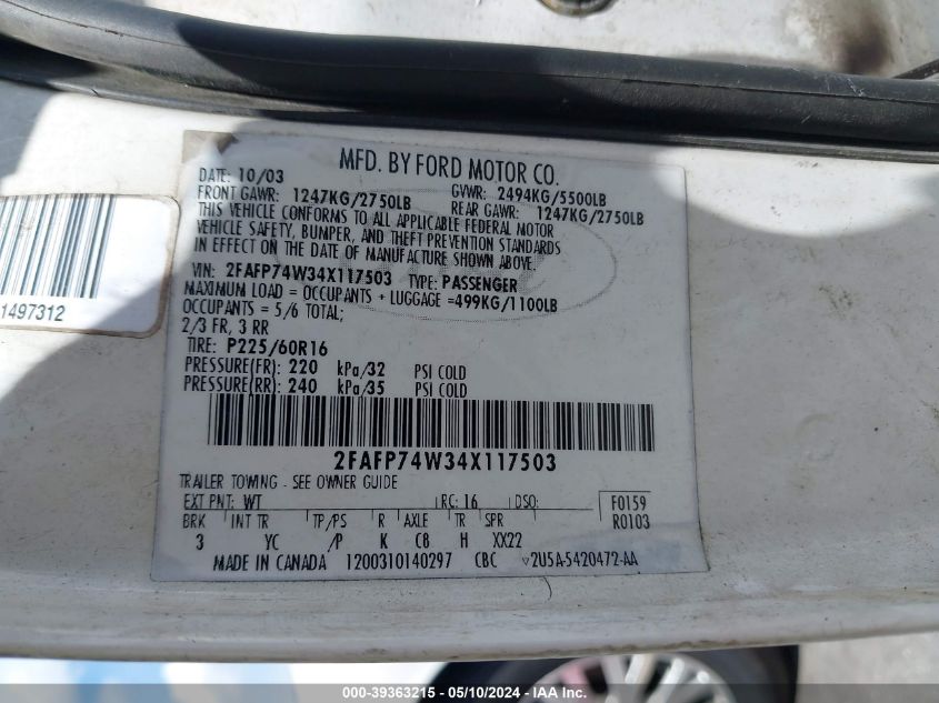 2004 Ford Crown Victoria Lx VIN: 2FAFP74W34X117503 Lot: 39363215