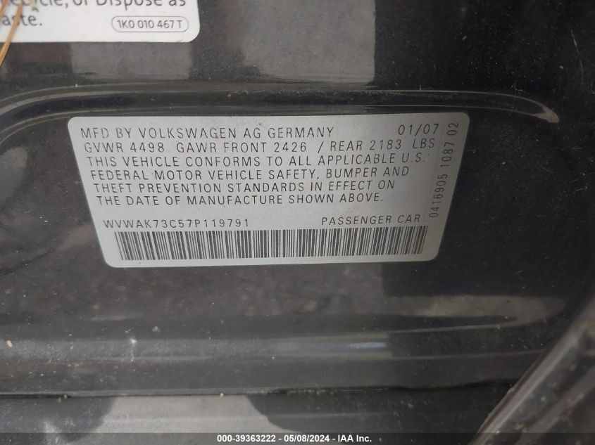 2007 Volkswagen Passat 2.0T/Wolfsburg Edition VIN: WVWAK73C57P119791 Lot: 39363222