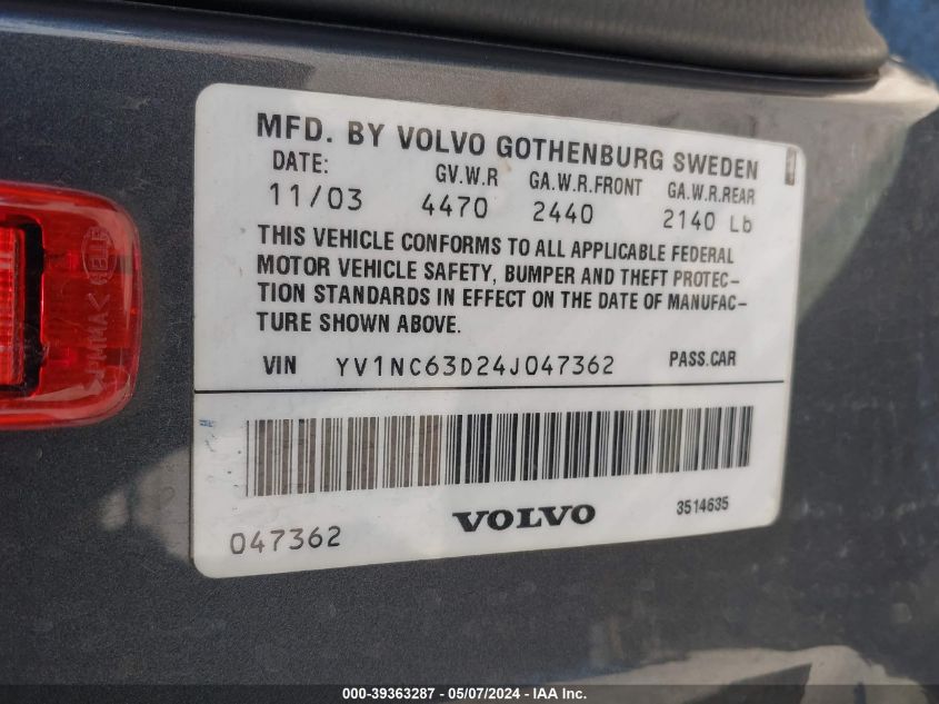 2004 Volvo C70 Lt VIN: YV1NC63D24J047362 Lot: 39363287