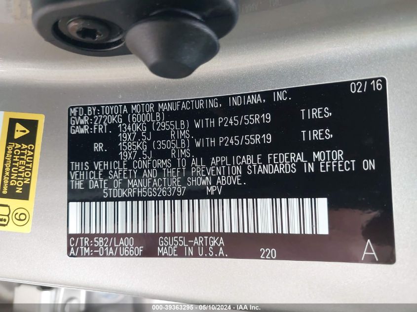 2016 Toyota Highlander Limited V6 VIN: 5TDDKRFH5GS263797 Lot: 39363295