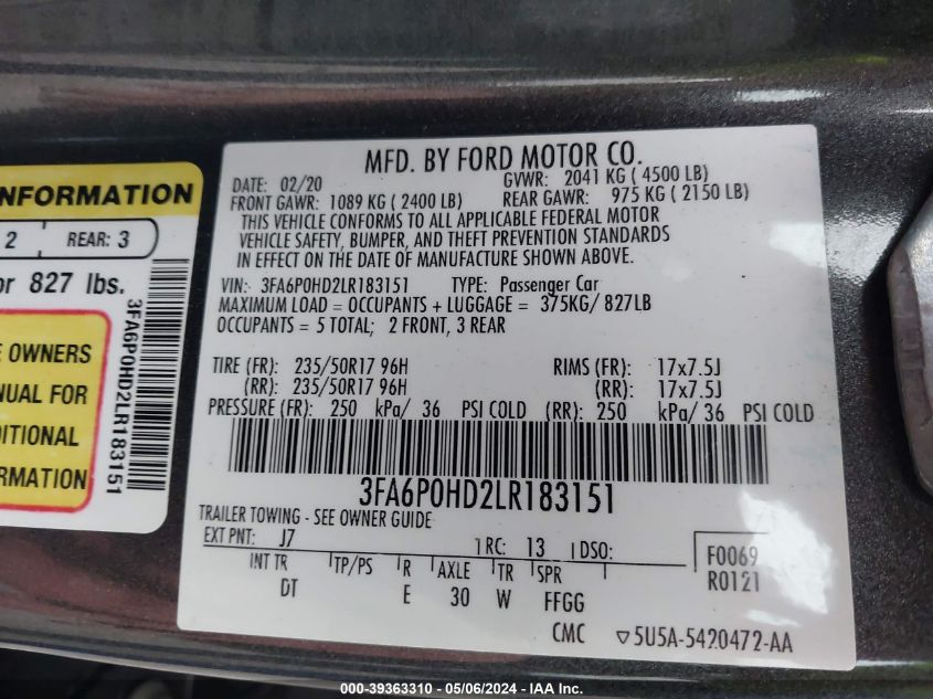 2020 Ford Fusion Se VIN: 3FA6P0HD2LR183151 Lot: 39363310