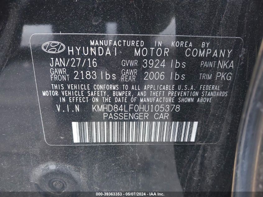 2017 Hyundai Elantra Limited VIN: KMHD84LF0HU105378 Lot: 39363353