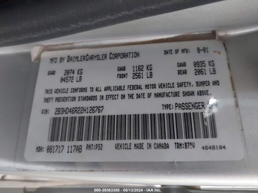 2002 Dodge Intrepid Se VIN: 2B3HD46R22H126767 Lot: 39363355