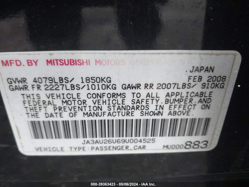 JA3AU26U69U004525 | 2009 MITSUBISHI LANCER