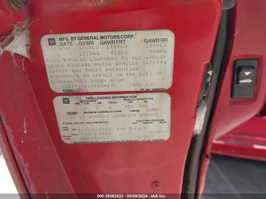 1987 Chevrolet Corvette VIN: 1G1YY3182H5104174 Lot: 39363523