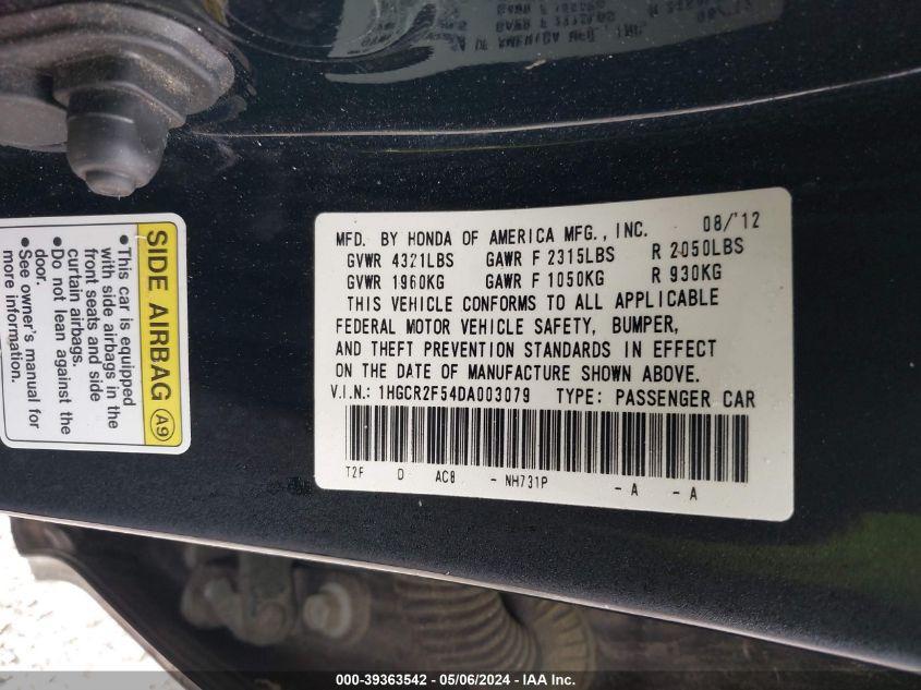 1HGCR2F54DA003079 | 2013 HONDA ACCORD