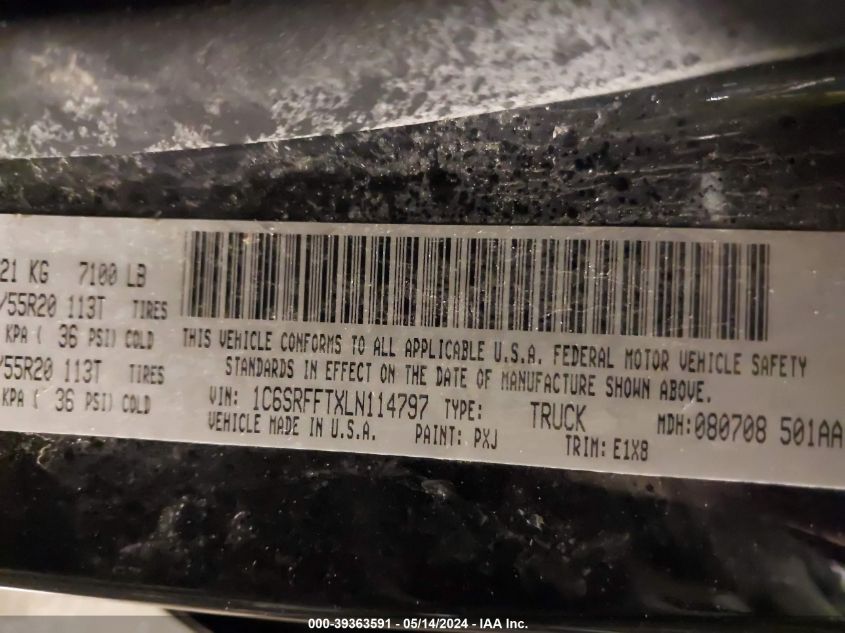 2020 Ram 1500 Big Horn 4X4 5'7 Box VIN: 1C6SRFFTXLN114797 Lot: 39363591