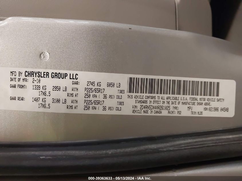 2010 Dodge Grand Caravan Sxt VIN: 2D4RN5DX4AR261025 Lot: 39363633