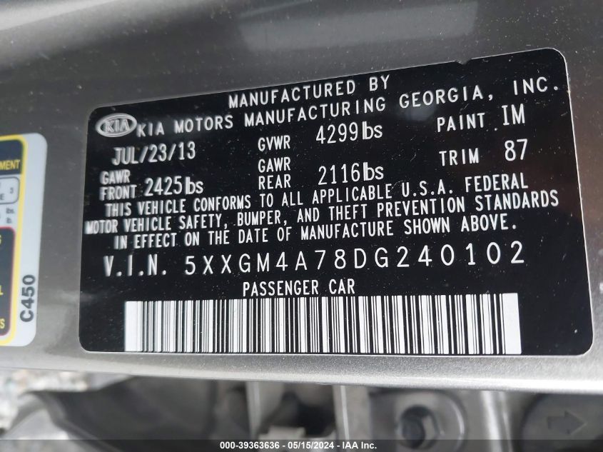 2013 Kia Optima Lx VIN: 5XXGM4A78DG240102 Lot: 39363636