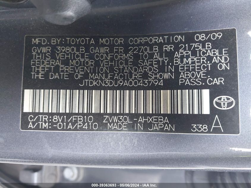 JTDKN3DU9A0043794 | 2010 TOYOTA PRIUS