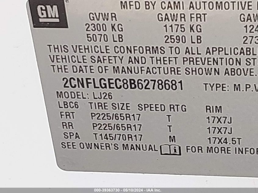 2011 Chevrolet Equinox Ltz VIN: 2CNFLGEC8B6278681 Lot: 39363730