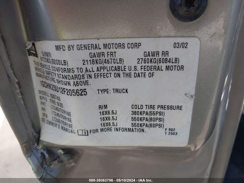 2002 Chevrolet Silverado 2500Hd Ls VIN: 1GCHK23U12F205625 Lot: 39363756