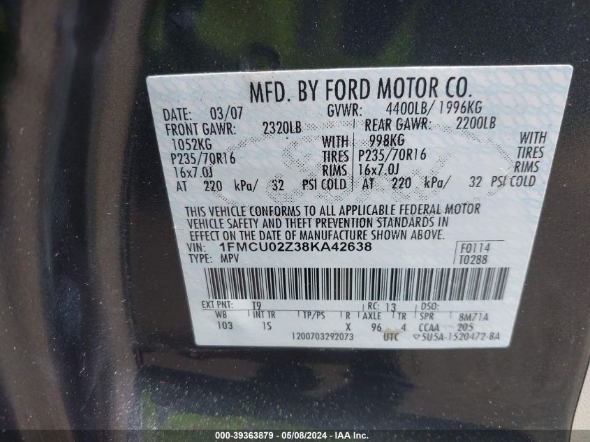 2008 Ford Escape Xls/Xls Manual VIN: 1FMCU02Z38KA42638 Lot: 39363879