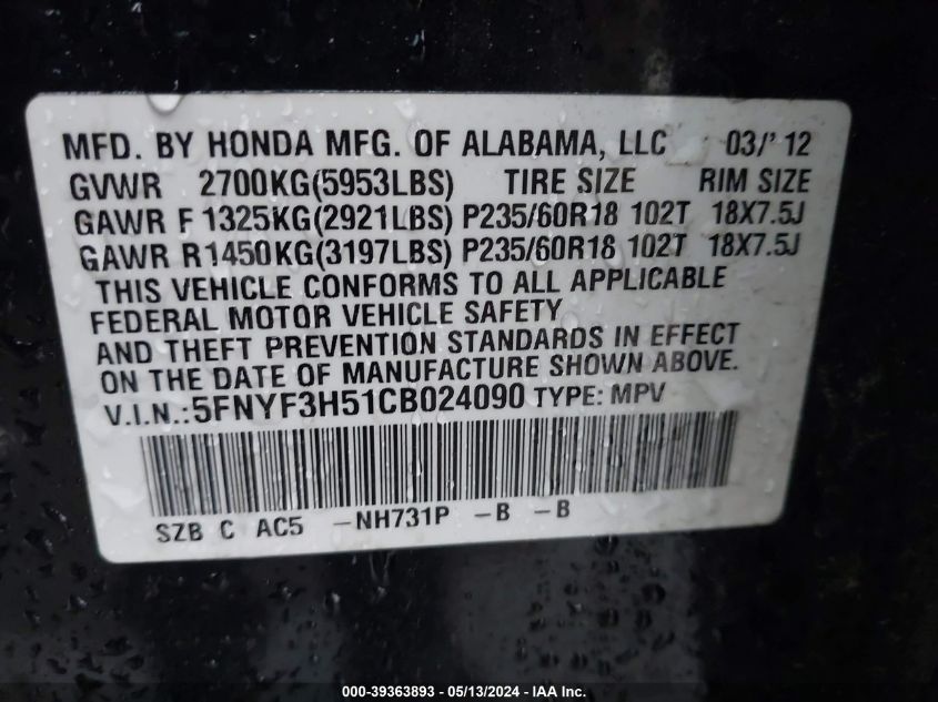 2012 Honda Pilot Ex-L VIN: 5FNYF3H51CB024090 Lot: 39363893