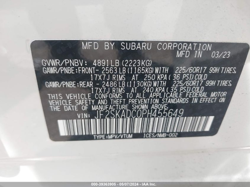 2023 Subaru Forester Premium VIN: JF2SKADC0PH455649 Lot: 39363905