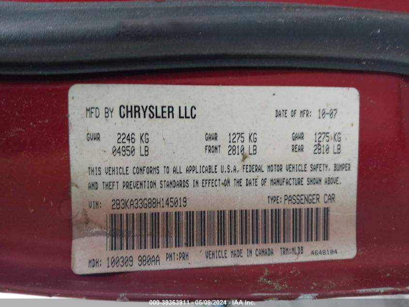 2008 Dodge Charger Sxt VIN: 2B3KA33G88H145019 Lot: 39363911