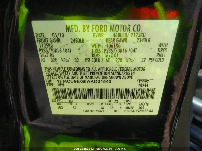 2010 Ford Escape Limited VIN: 1FMCU9EG5AKD01540 Lot: 39363912