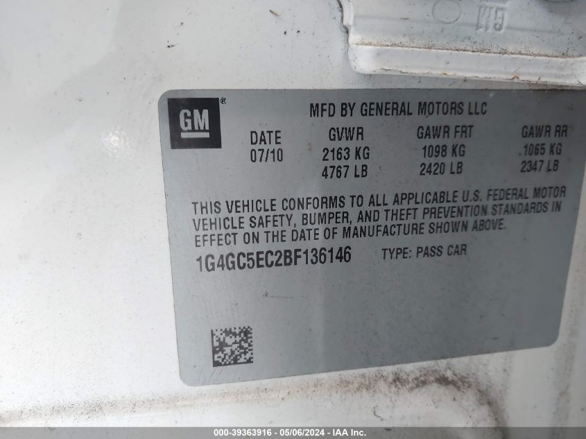 1G4GC5EC2BF136146 | 2011 BUICK LACROSSE