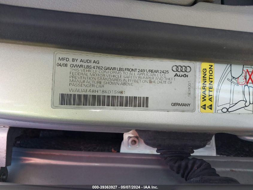 WAUAF48H18K015981 | 2008 AUDI A4