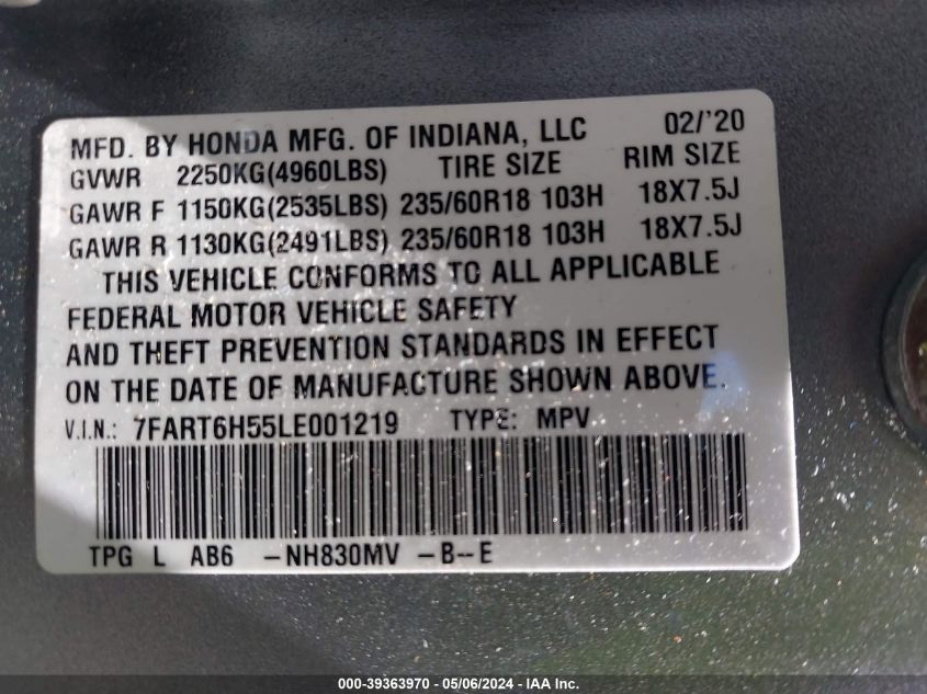 2020 Honda Cr-V Hybrid Ex VIN: 7FART6H55LE001219 Lot: 39363970