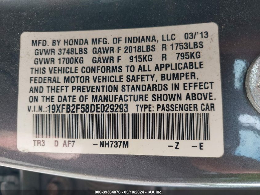 2013 Honda Civic Lx VIN: 19XFB2F58DE029293 Lot: 39364076